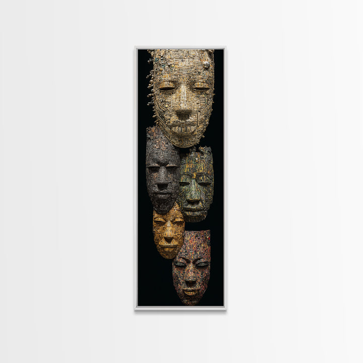 Textured African Mask Portrait Wall Art, Tribal Sculpture Canvas Print, Black Gold Afrocentric Decor, Cultural Artwork Gift