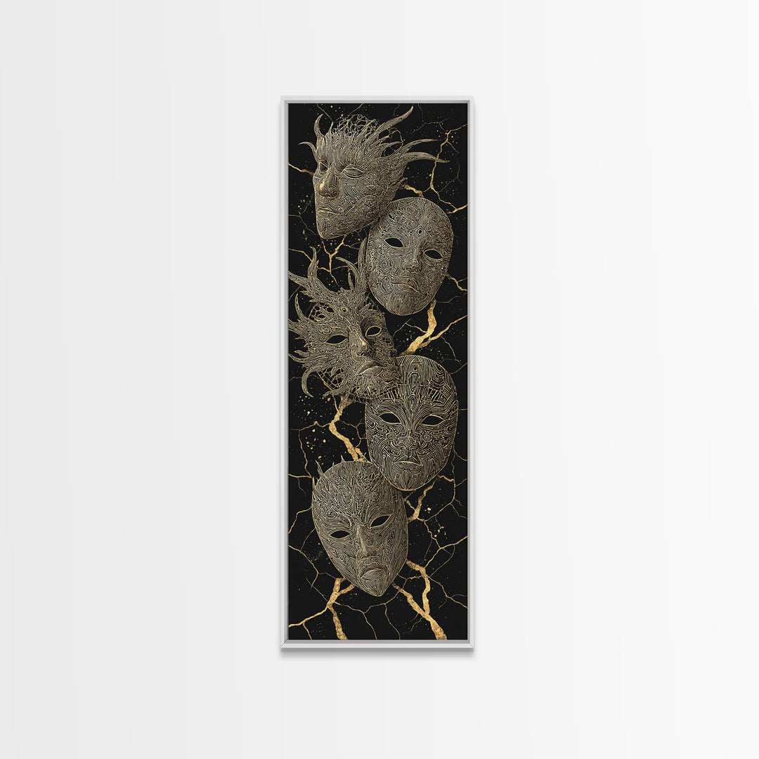Gold Tribal Masks On Black Kintsugi Wall Art, African Mask Art, African Tribal Decor, Afrocentric Wall Decor, Luxury Canvas Print