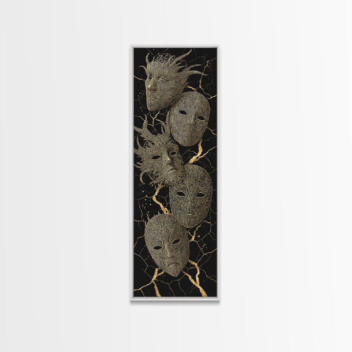 Gold Tribal Masks On Black Kintsugi Wall Art, African Mask Art, African Tribal Decor, Afrocentric Wall Decor, Luxury Canvas Print