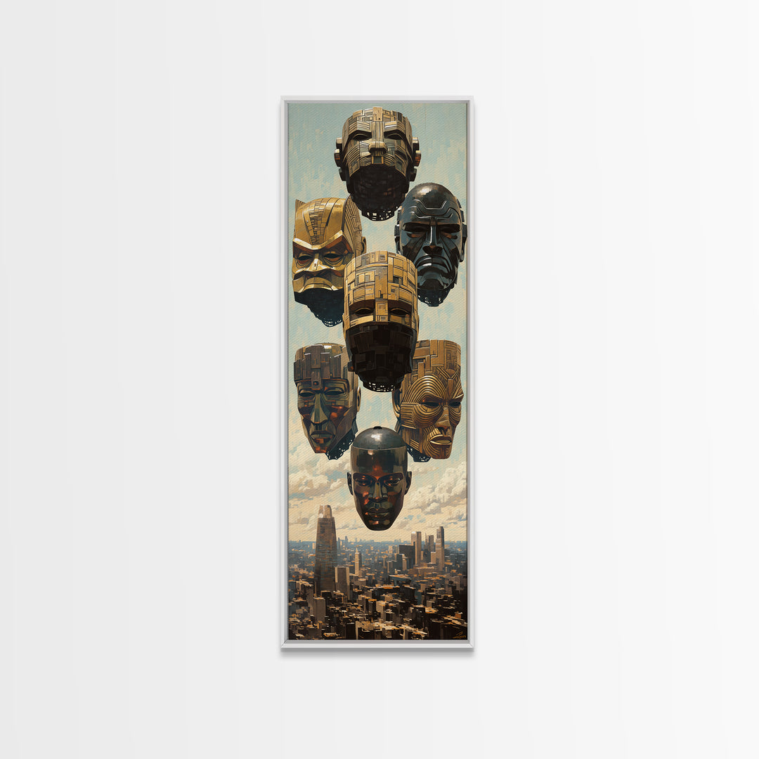 Futuristic Gold And Black Masks Wall Art, Afrofuturism Decor, Modern African Art, Urban Wall Decor, Unique Canvas Print Gift