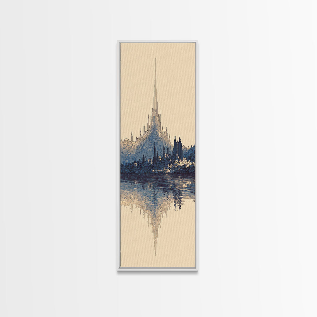 Blue Fantasy Spire City Framed Canvas Print, Dreamy Wall Art, Modern Canvas Art, Elegant Home Decor, Large Statement Wall Decor