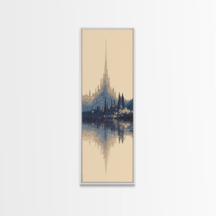 Blue Fantasy Spire City Framed Canvas Print, Dreamy Wall Art, Modern Canvas Art, Elegant Home Decor, Large Statement Wall Decor