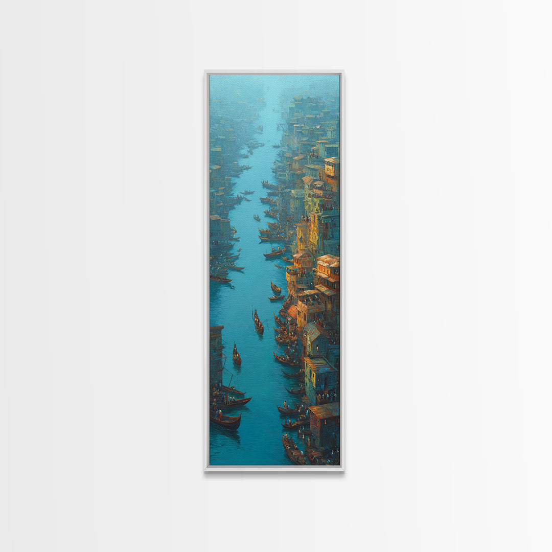Teal Canal City With Boats Wall Art, Coastal Travel Decor, Blue Orange Painting, Large Canvas Print, Unique Home Decor Gift