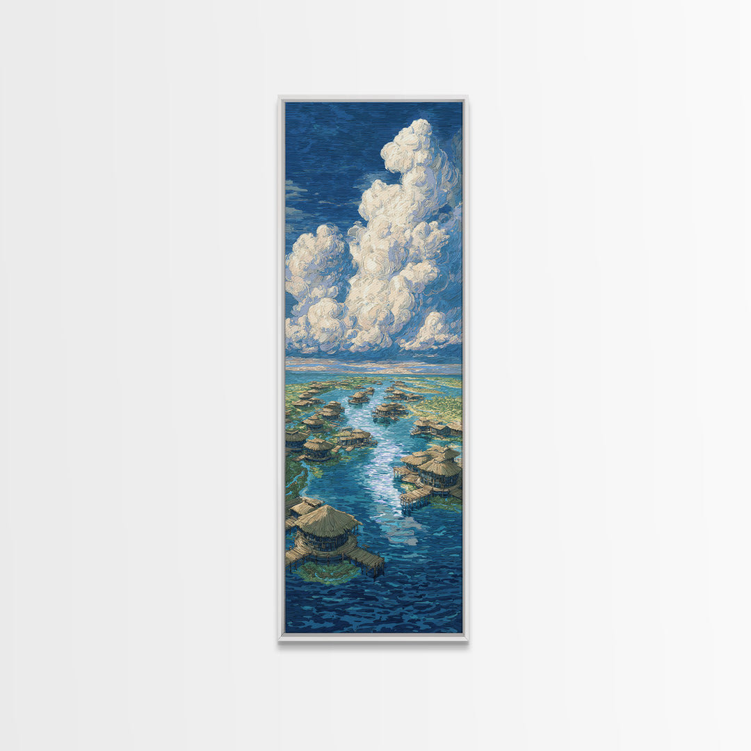 Tropical Lagoon Huts Under Clouds Canvas Print, Beach Art, Nature Scene Art, Blue Wall Decor, Coastal Home Decor Wall Art