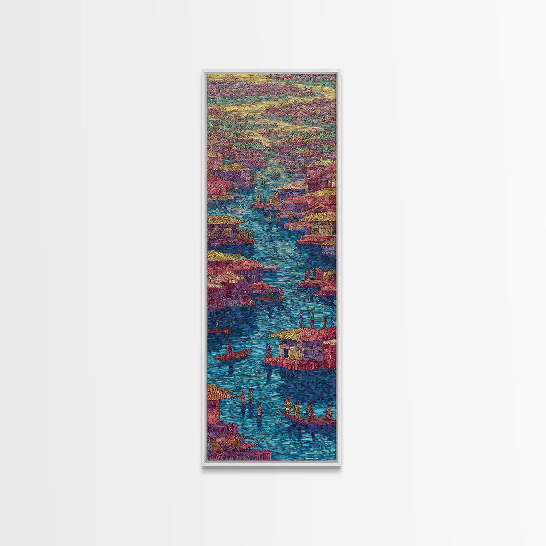 Colorful Pink African River Village Wall Art, Boats And Waterfront Homes, African Prints, Vibrant Cultural Canvas Print, Decor