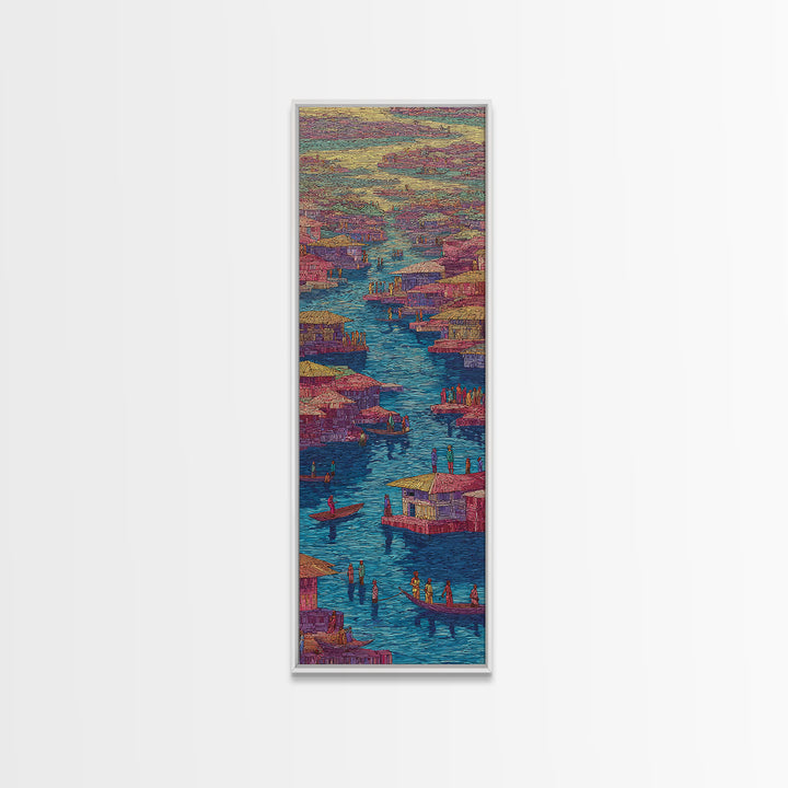 Colorful Pink African River Village Wall Art, Boats And Waterfront Homes, African Prints, Vibrant Cultural Canvas Print, Decor
