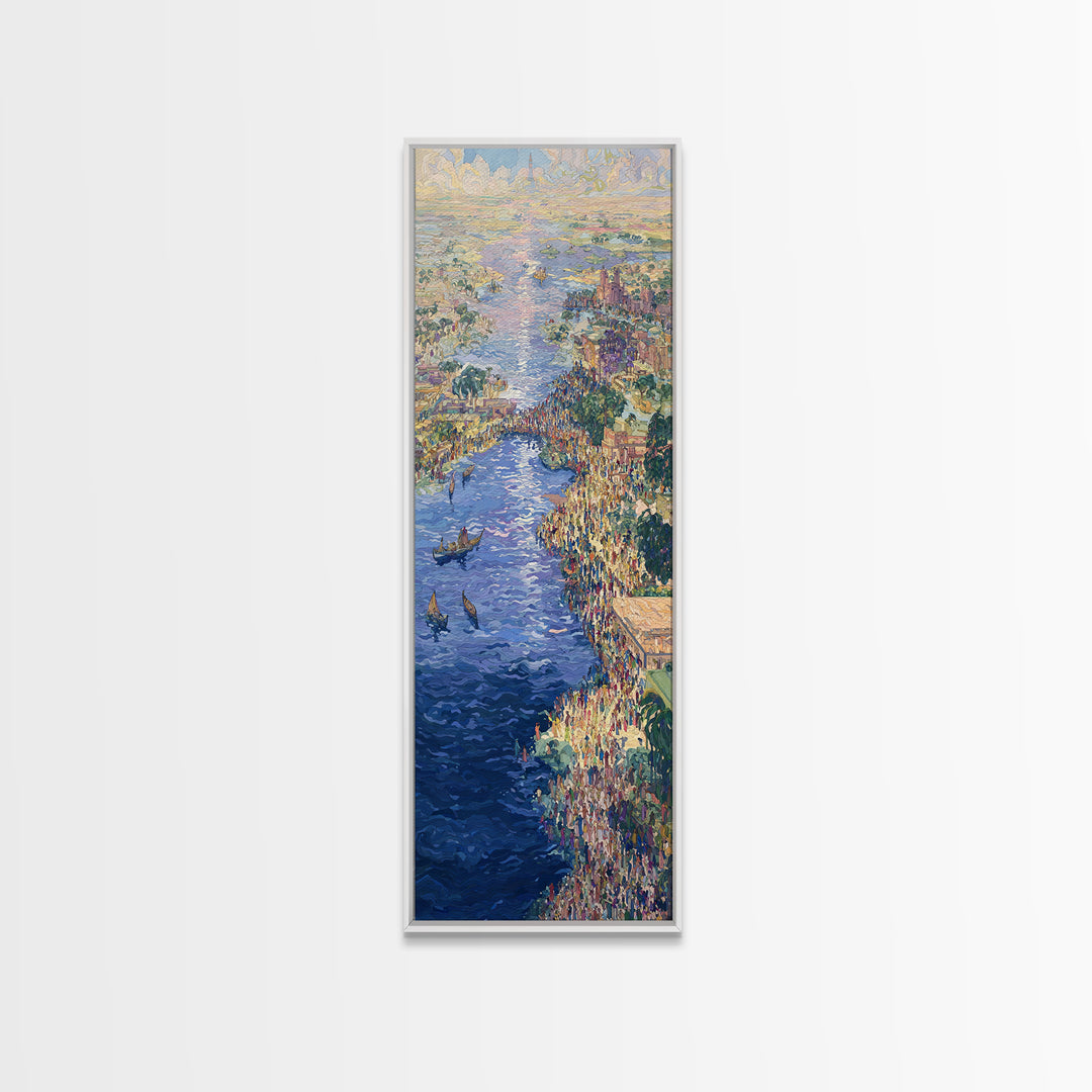 Sunlit African River Crowd Wall Art, Blue Water Boats, Cultural Cityscape, Afrocentric Decor, African Painting Canvas Print