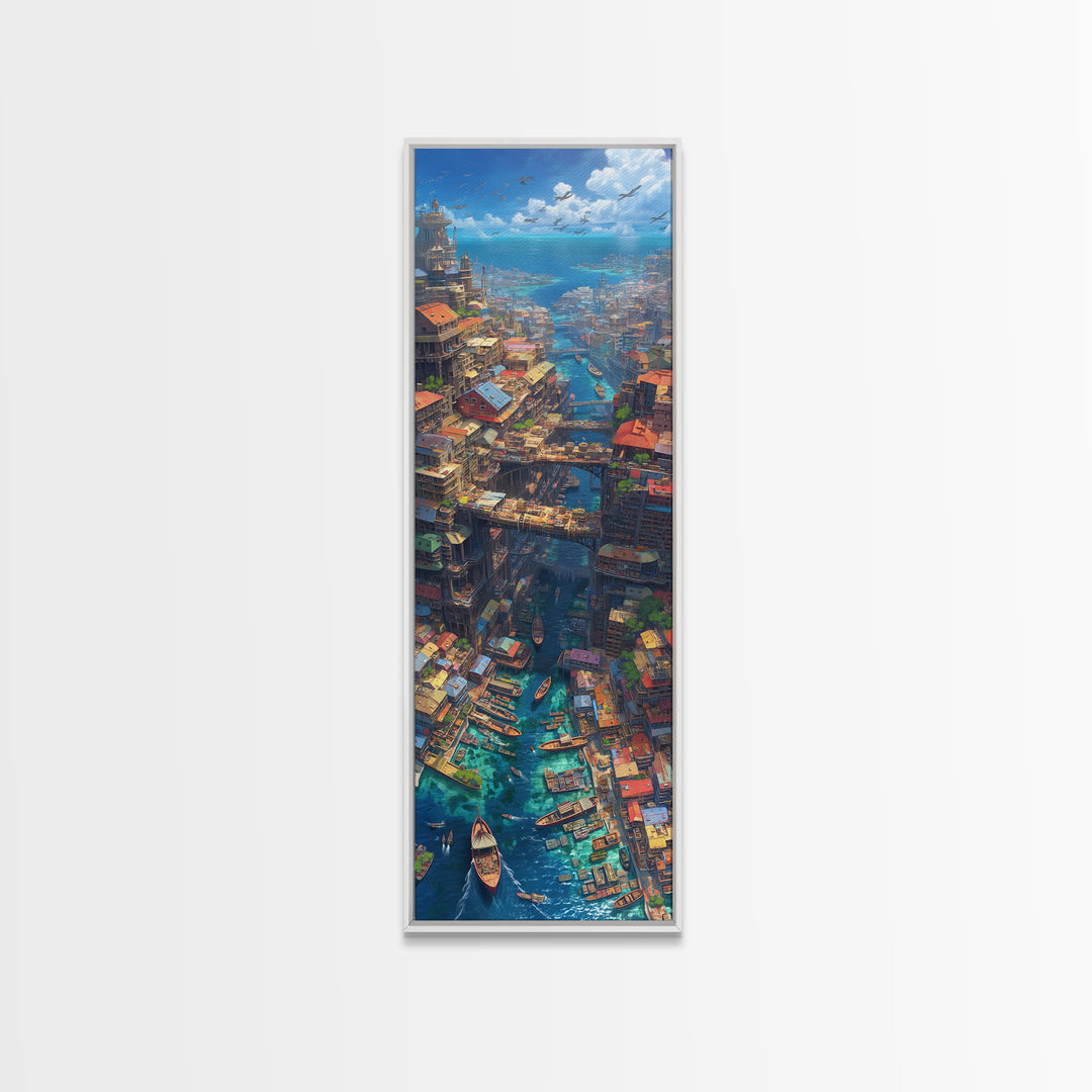 Fantastical African Canal City Wall Art, Boats Bridges And Coastal Skyline, Modern African Art, Statement Canvas Print, Decor