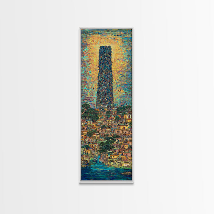 Monumental African Tower City Wall Art, Sunlit Waterfront Skyline, Modern African Art, Urban Statement Canvas Print, Decor