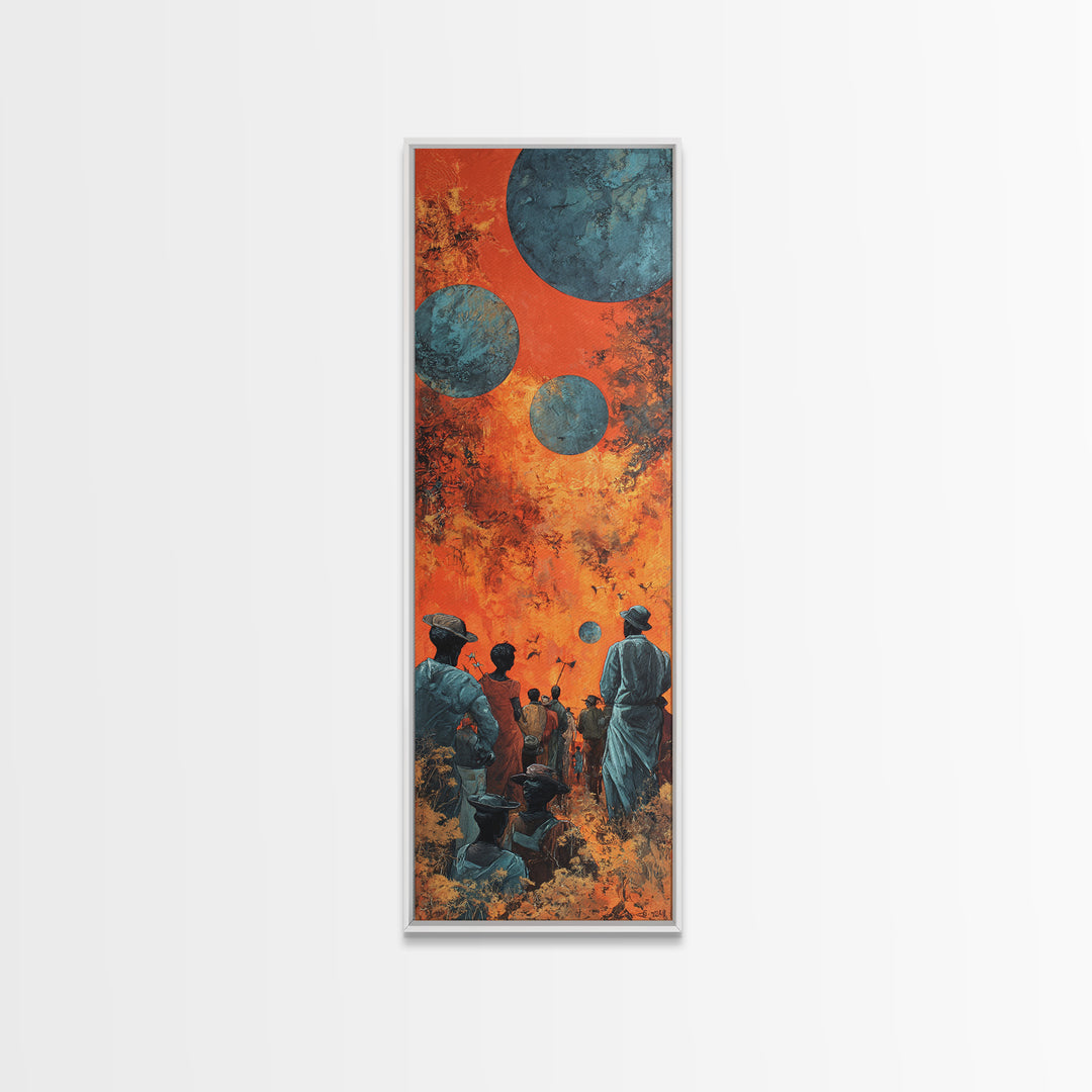 Surreal African Planet Gathering Wall Art, Orange Sky Blue Moons, Afrofuturism Decor, Spiritual Framed Canvas Print, Mystical Wall Decor