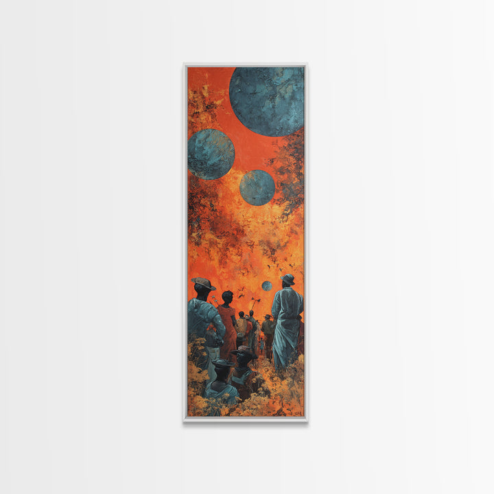 Surreal African Planet Gathering Wall Art, Orange Sky Blue Moons, Afrofuturism Decor, Spiritual Framed Canvas Print, Mystical Wall Decor