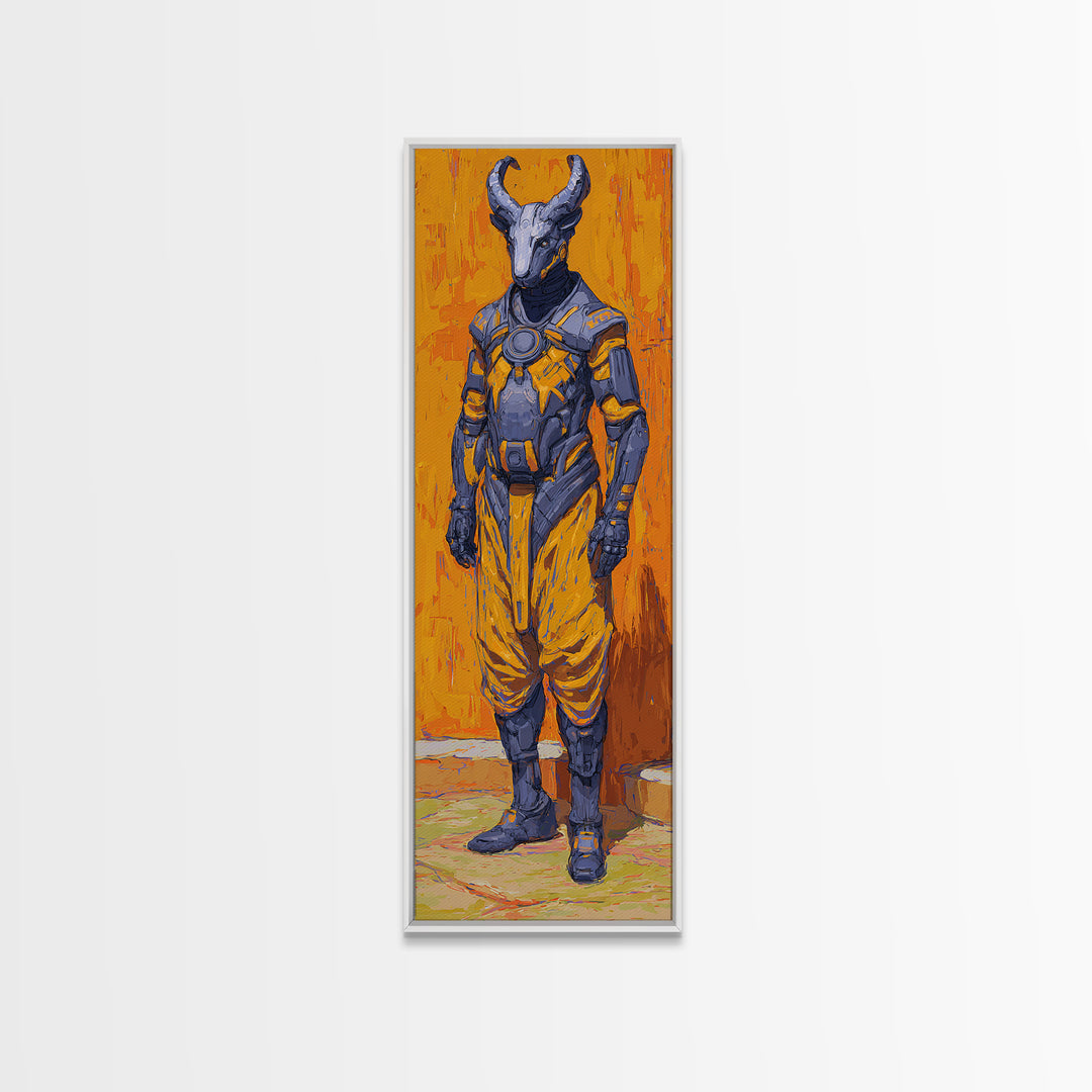 Horned African Warrior Afrofuturism Canvas Print, Orange Sci Fi Tribal Art, Bold Black Art Decor, Unique Gift For Him Wall Art