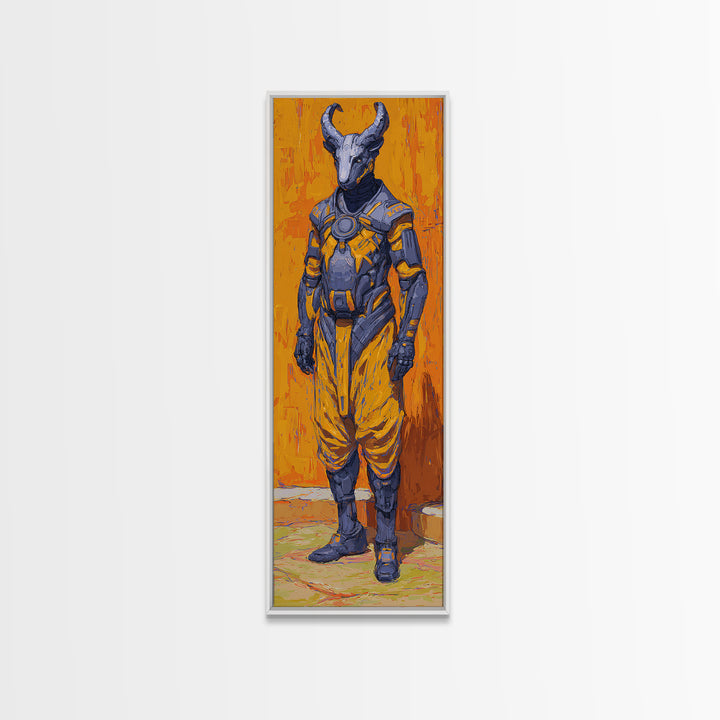 Horned African Warrior Afrofuturism Canvas Print, Orange Sci Fi Tribal Art, Bold Black Art Decor, Unique Gift For Him Wall Art