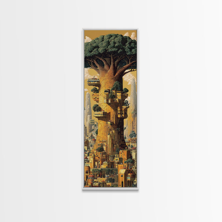 Giant African Tree City Wall Art, Afrofuturism Urban Landscape Canvas Print, Fantasy Architecture Decor, Nature Scene Gift