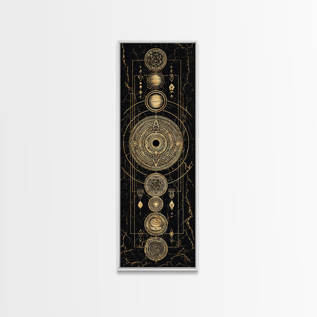 Gold Alchemy Planets And Sacred Circles Framed Canvas Print, Black And Gold Art, Mystical Wall Art, Luxury Canvas Art, Home Decor