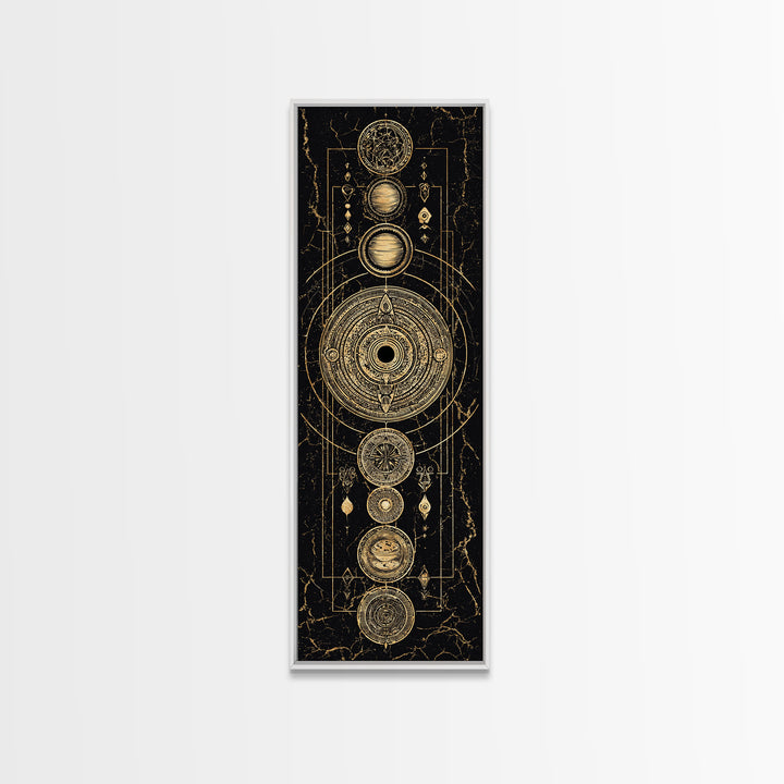 Gold Alchemy Planets And Sacred Circles Framed Canvas Print, Black And Gold Art, Mystical Wall Art, Luxury Canvas Art, Home Decor