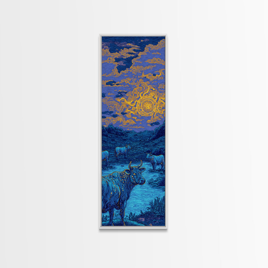 Blue Cow Under Orange Swirl Sky Canvas Print, Rustic Nature Scene Art, Animal Wall Art, Farmhouse Decor, Unique Wall Decor