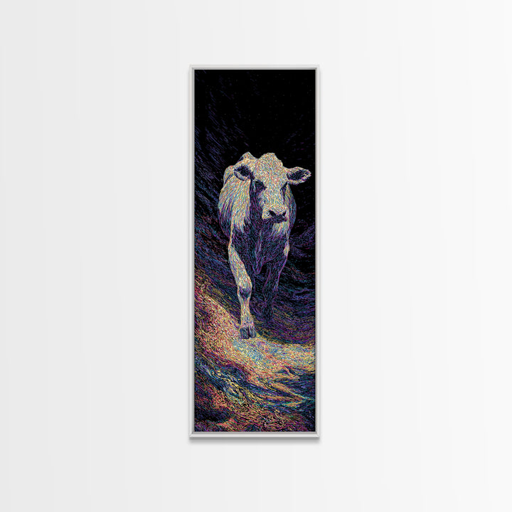 Single White Cow Portrait Wall Art, Dark Pasture Animal Painting, Rustic Decor, Nature Art, Unique Canvas Print, Home Decor