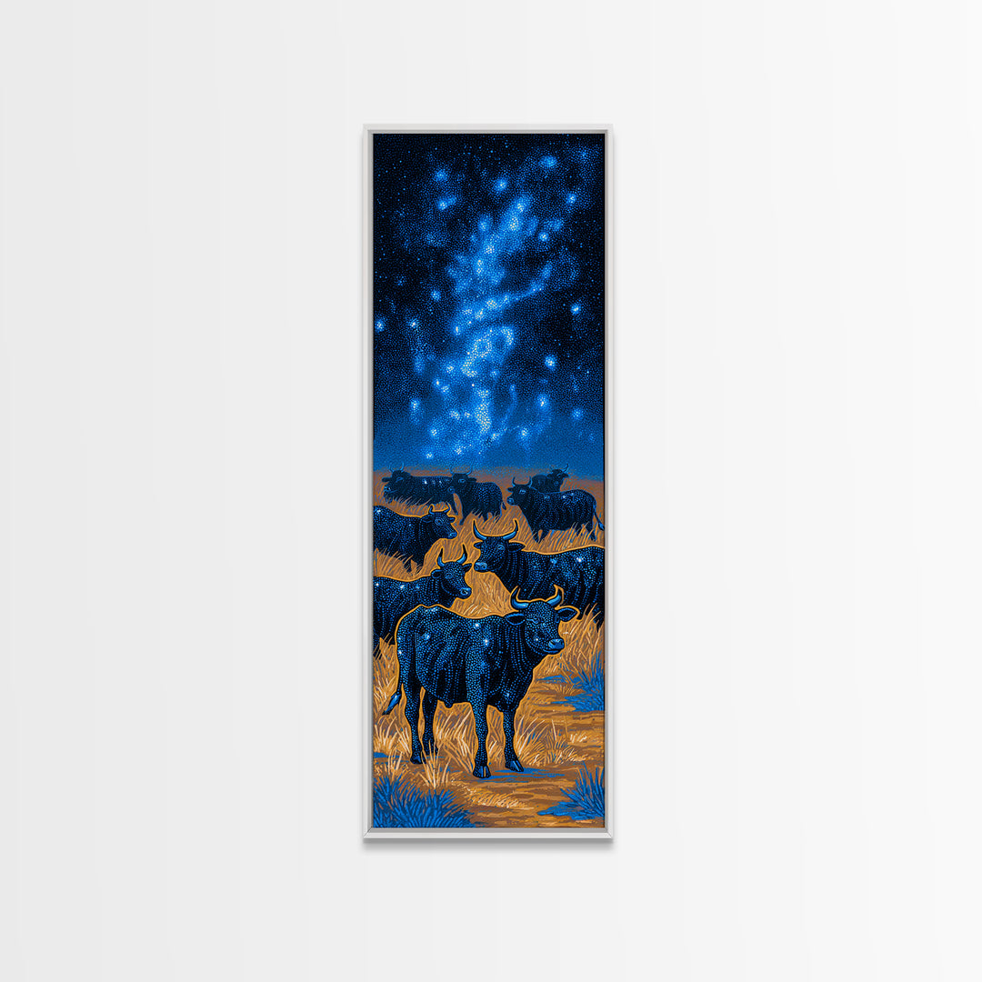 Longhorn Cattle Herd Beneath Blue Milky Way Framed Canvas Print, Western Animal Wall Art, Nature Scene Art, Bedroom Decor