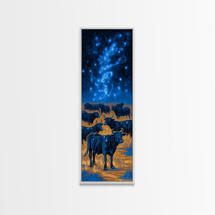Longhorn Cattle Herd Beneath Blue Milky Way Framed Canvas Print, Western Animal Wall Art, Nature Scene Art, Bedroom Decor