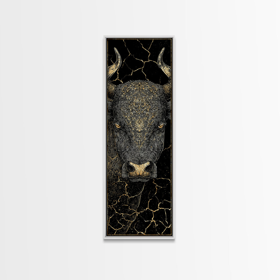 Black Bull Face With Gold Cracked Texture Canvas Print, Powerful Animal Wall Art, Black And Gold Art, Bold Home Decor, Statement Piece