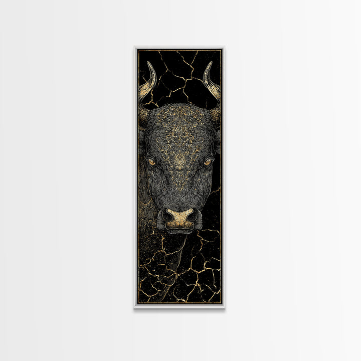 Black Bull Face With Gold Cracked Texture Canvas Print, Powerful Animal Wall Art, Black And Gold Art, Bold Home Decor, Statement Piece