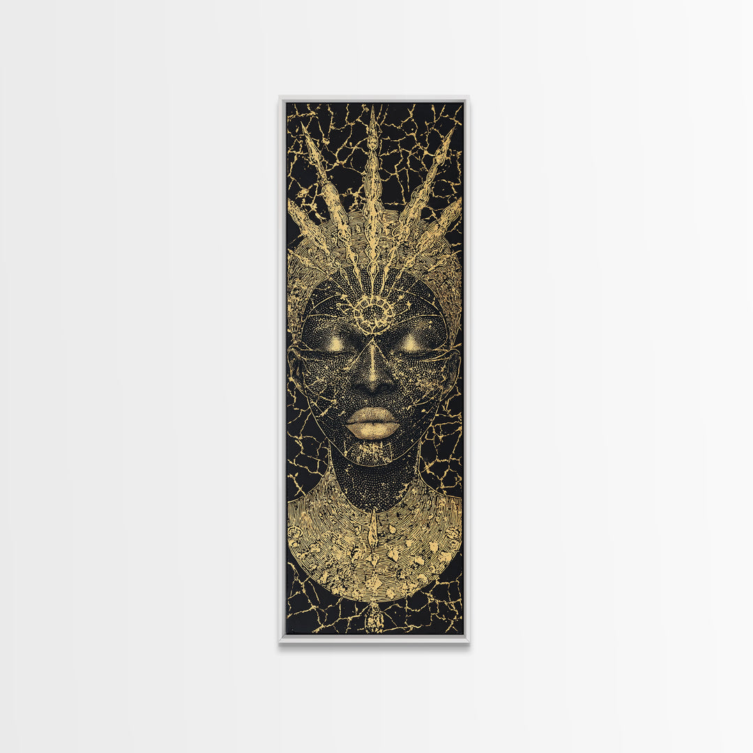 Black Gold African Goddess Face Framed Canvas Print, Regal Afrocentric Wall Decor, Spiritual Portrait Art, Luxury Home Decor