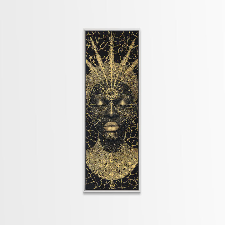 Black Gold African Goddess Face Framed Canvas Print, Regal Afrocentric Wall Decor, Spiritual Portrait Art, Luxury Home Decor