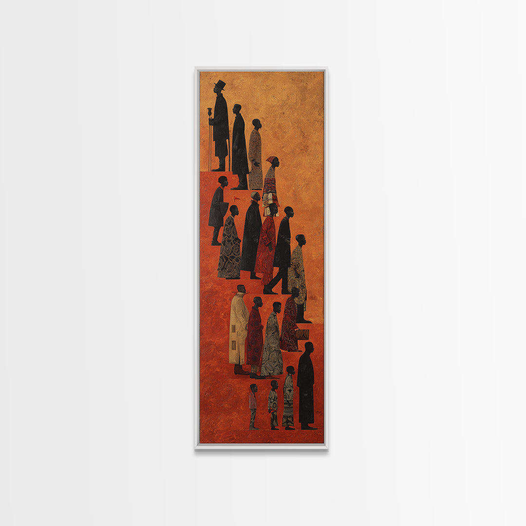 Silhouetted African Family Procession Wall Art, Tall Afrocentric Canvas Print, Tribal Culture Home Decor, Earth Tone Poster