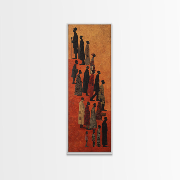 Silhouetted African Family Procession Wall Art, Tall Afrocentric Canvas Print, Tribal Culture Home Decor, Earth Tone Poster