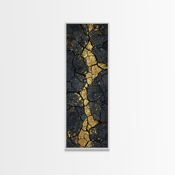 Gold Kintsugi Cracked Stone Abstract African Wall Art, Black And Gold Canvas Decor, Modern Tribal Texture, Luxury Home Decor