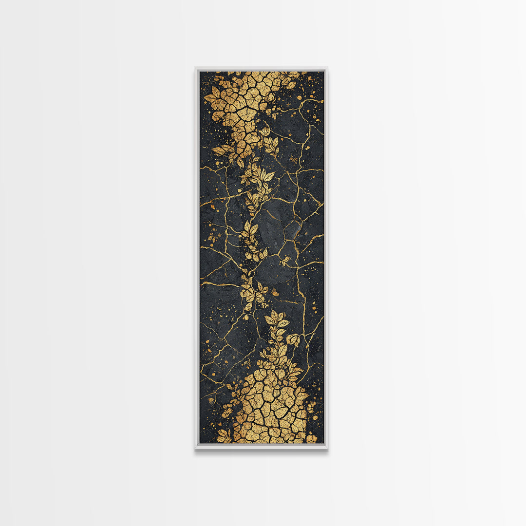 Gold Botanical Kintsugi Cracked Stone Wall Art, Black And Gold Floral Abstract, Luxury African Inspired Canvas Home Decor
