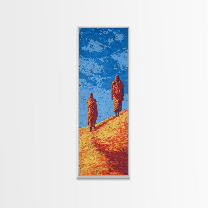 Two Robed Figures On Desert Hill Canvas Print, African Landscape Wall Decor, African Inspired Safari Art, Earth Tone Decor