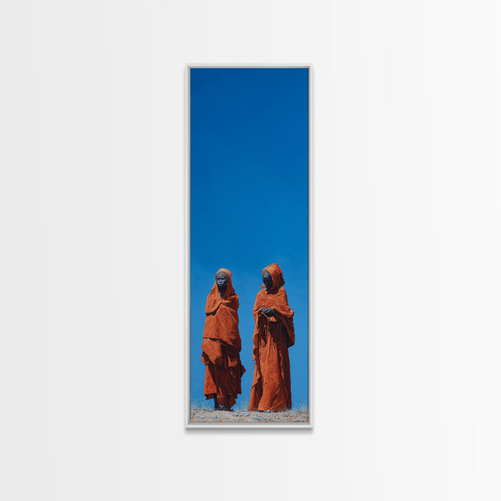 Two African Women In Orange Robes Wall Art, Minimalist Desert Portrait, Blue Sky Cultural Decor, Afrocentric Canvas Print