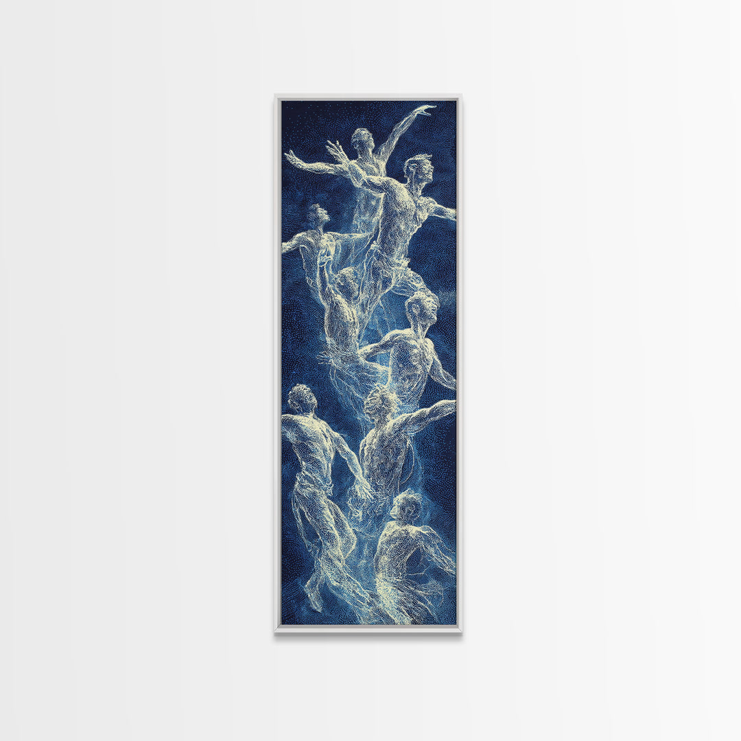 Blue White Ethereal Dancers Framed Canvas Print, Spiritual Figure Wall Art, Contemporary African Inspired Home Decor Gift