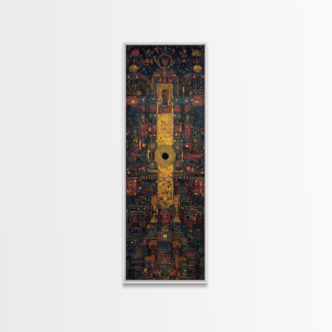 Golden Tribal Temple Abstraction Framed Canvas Print, African Inspired Wall Decor, Afrocentric Art, Bold Cultural Home Decor