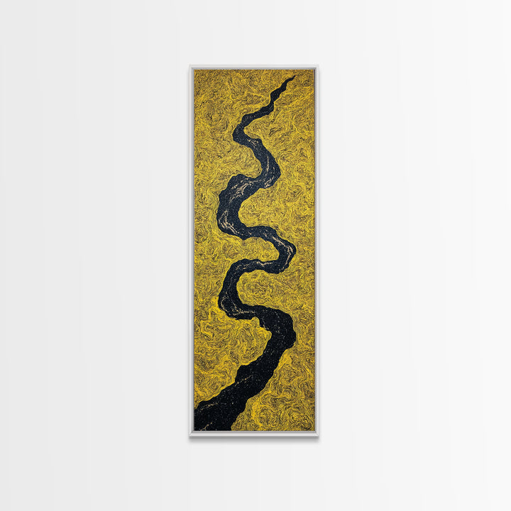 Black Winding River On Gold Texture Wall Art, Minimalist Abstract Landscape, Earth Tone Decor, Modern Canvas Gift For Living Room