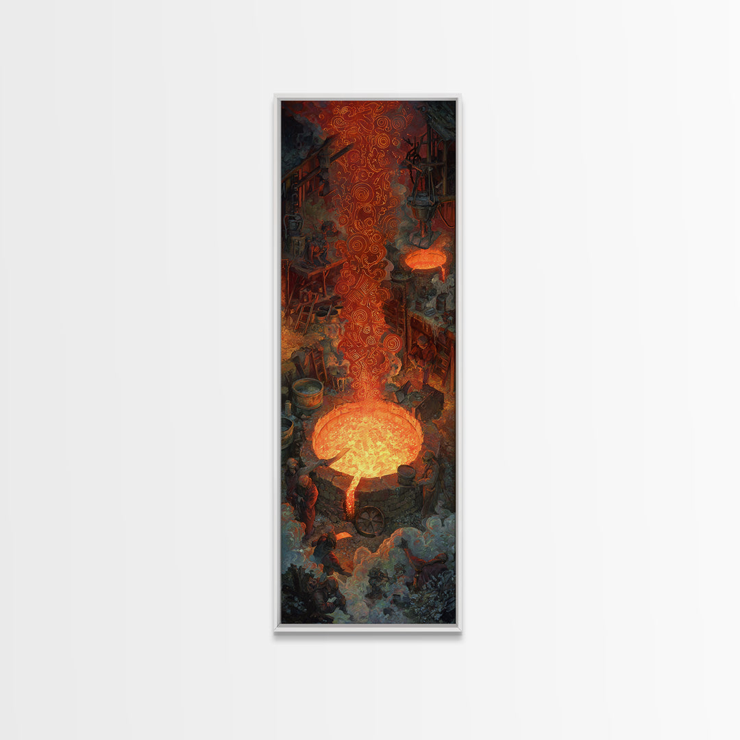 Molten Forge Workshop With Glowing Symbols Framed Canvas Print, Industrial Fantasy Wall Art, Orange Painting Home Decor Gift
