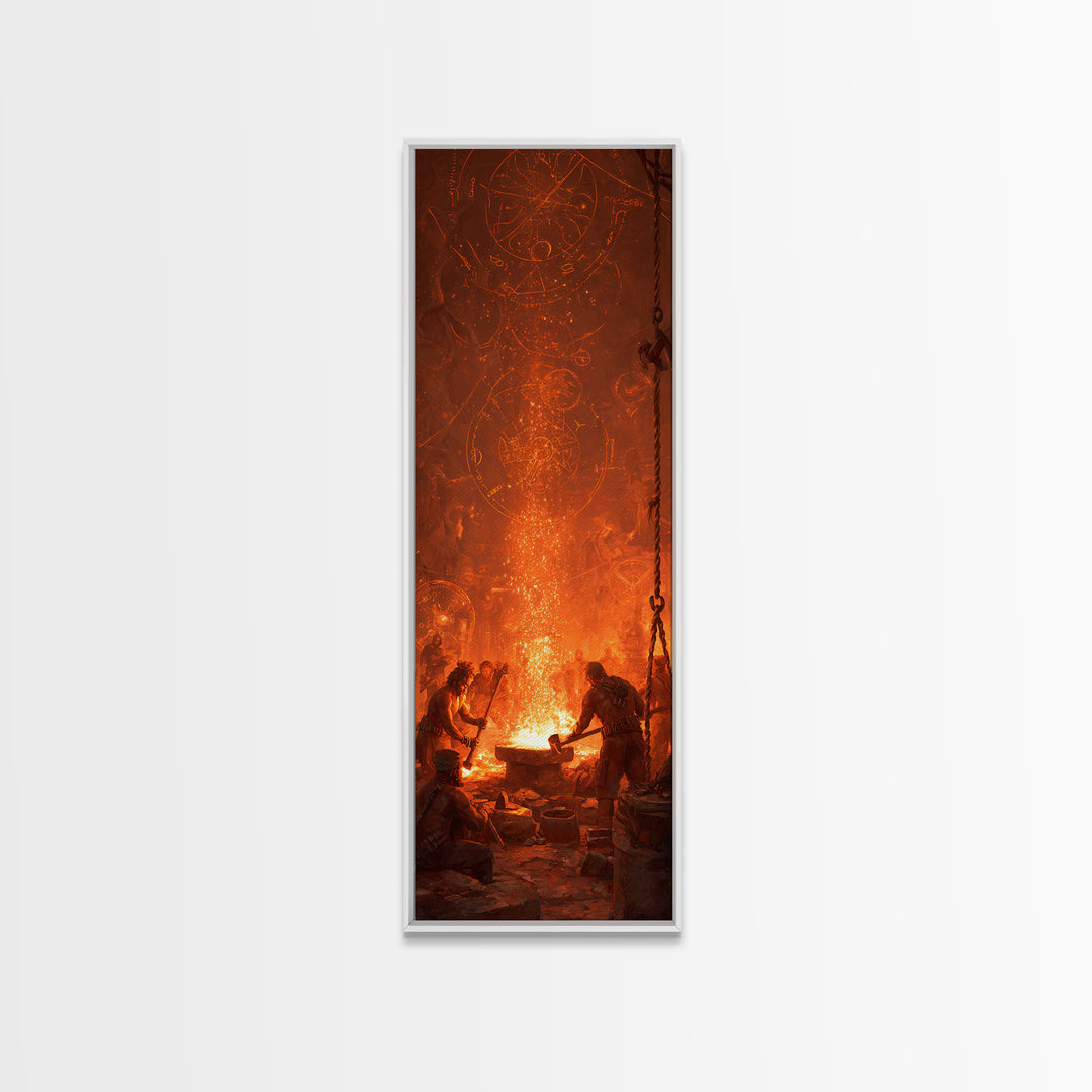 Ancient Forge Ritual With Glowing Sigils Framed Canvas Print, Spiritual Wall Art, Mystical Orange Home Decor Gift For Living Room Decor
