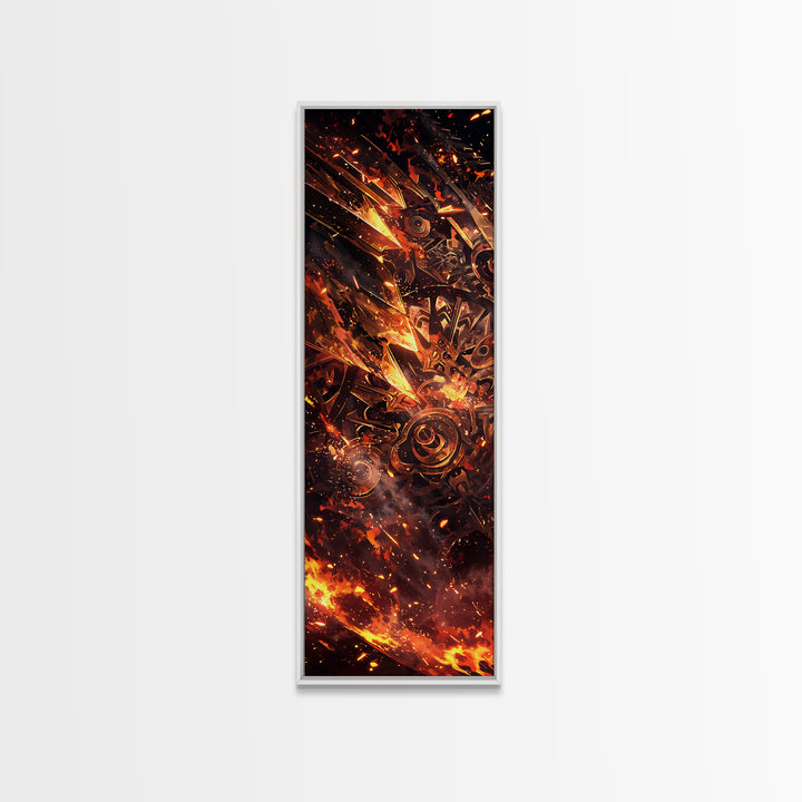 Fiery Mechanical Gears And Sparks Wall Art, Abstract African Inspired Industrial Canvas Print, Bold Orange Black Decor Gift
