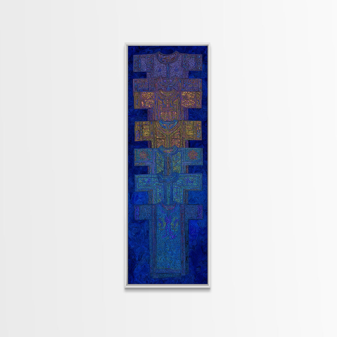Blue Purple Tribal Cross Totem Wall Art, African Mask Inspired Canvas Print, Afrocentric Geometric Decor, Bold Home Gift