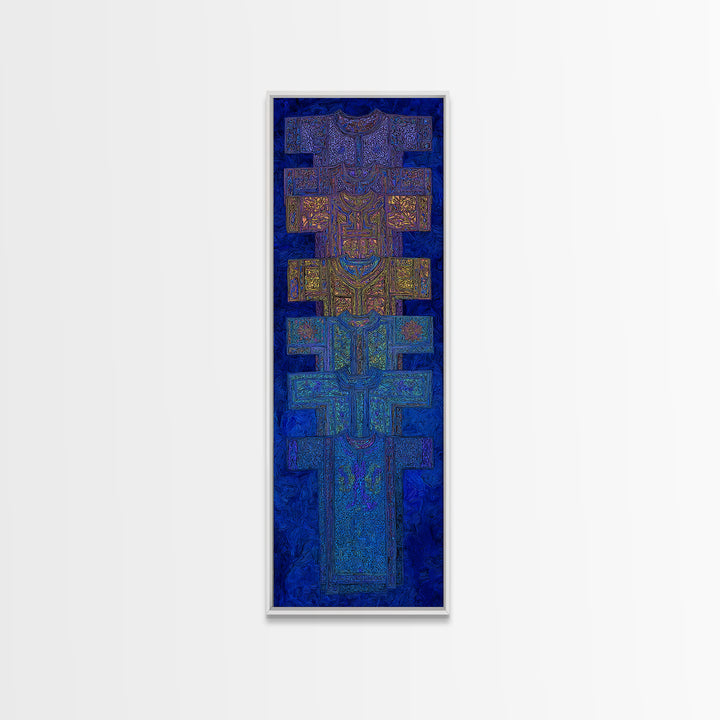 Blue Purple Tribal Cross Totem Wall Art, African Mask Inspired Canvas Print, Afrocentric Geometric Decor, Bold Home Gift
