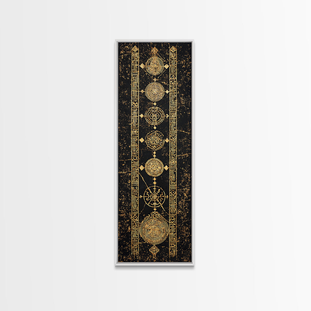 Gold Celestial Circles And Glyphs Wall Art, African Abstract Canvas Print, Black Gold Geometric Decor, Spiritual Home Gift
