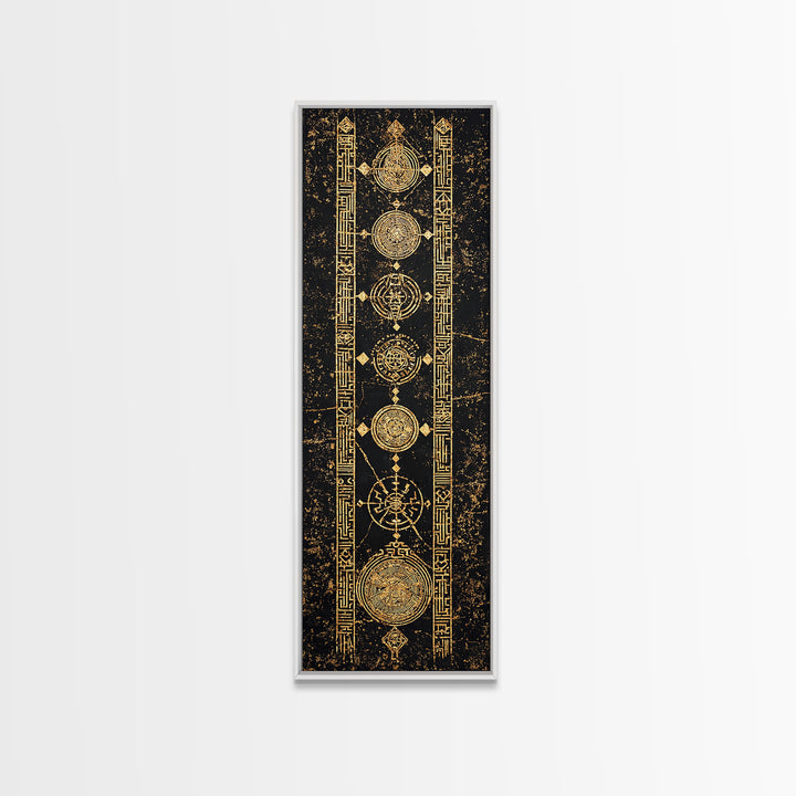 Gold Celestial Circles And Glyphs Wall Art, African Abstract Canvas Print, Black Gold Geometric Decor, Spiritual Home Gift