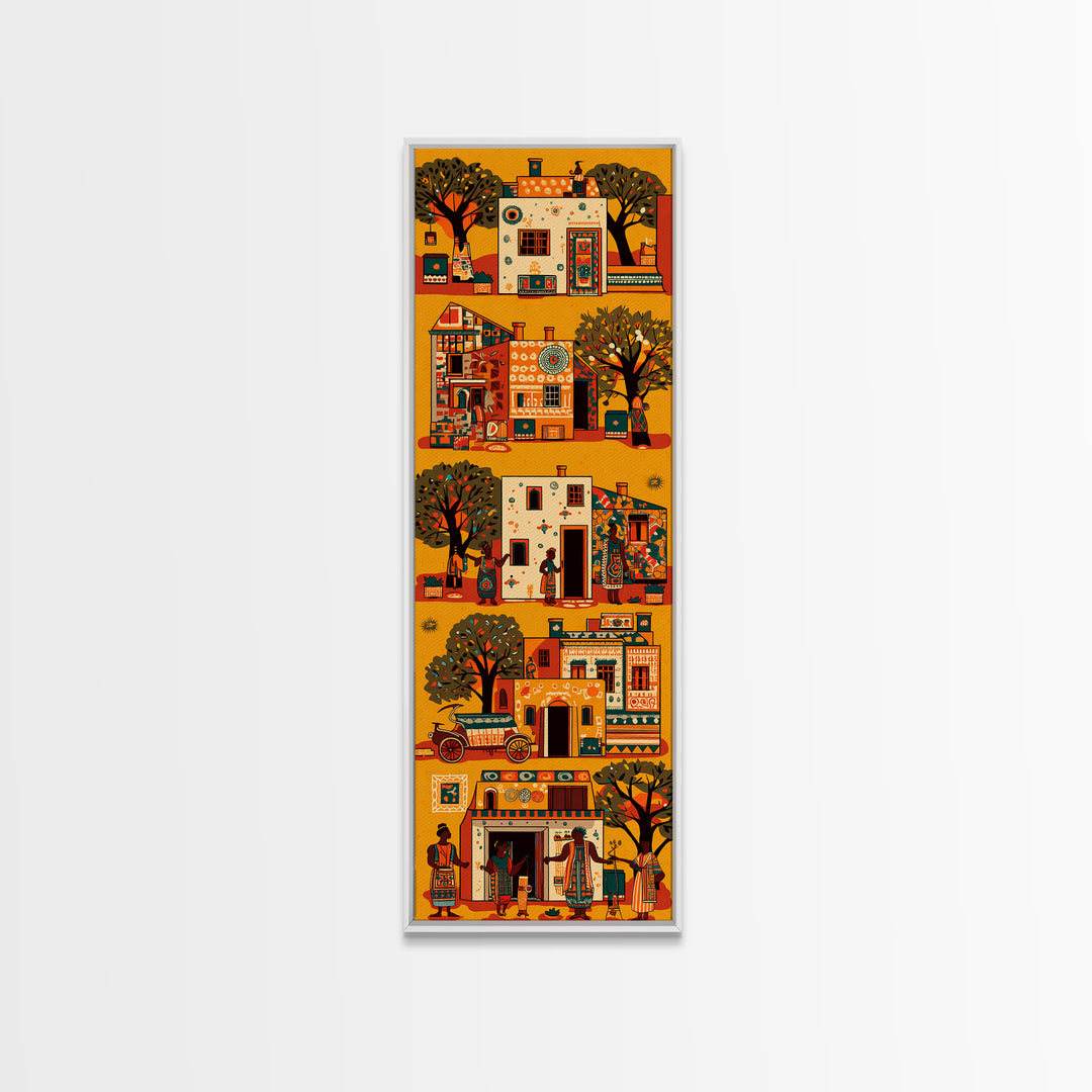 Orange African Village Houses And Trees Wall Art, African Folk Canvas Print, Cultural Home Decor, Afrocentric Travel Gift