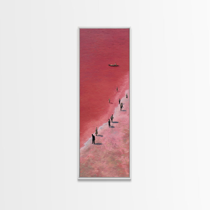 Pink African Salt Lake Shore With Fishermen Wall Art, Lake Retba Landscape, Coastal Boat Print, Serene Travel Home Decor Gift