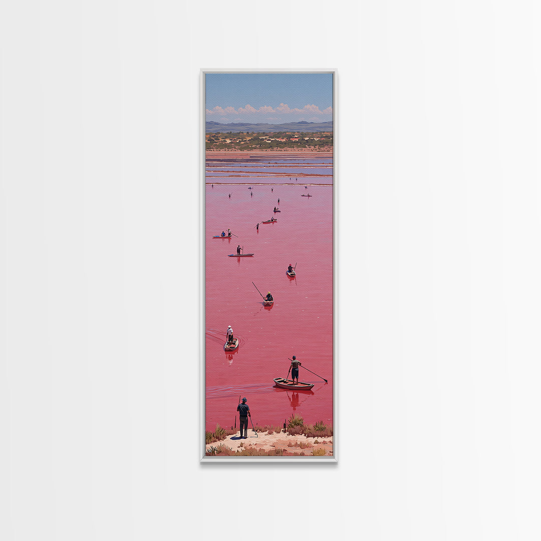 Pink African Lake With Boats And Salt Workers Framed Canvas Print, Lake Retba Landscape, Vibrant Travel Wall Decor Gift Art