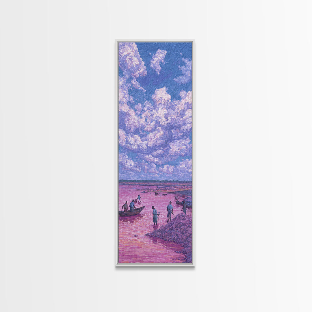 Purple Storm Clouds Over Pink African Lake Canvas Print, Fishermen Boat Landscape, Dreamy Nature Scene Art For Home Decor