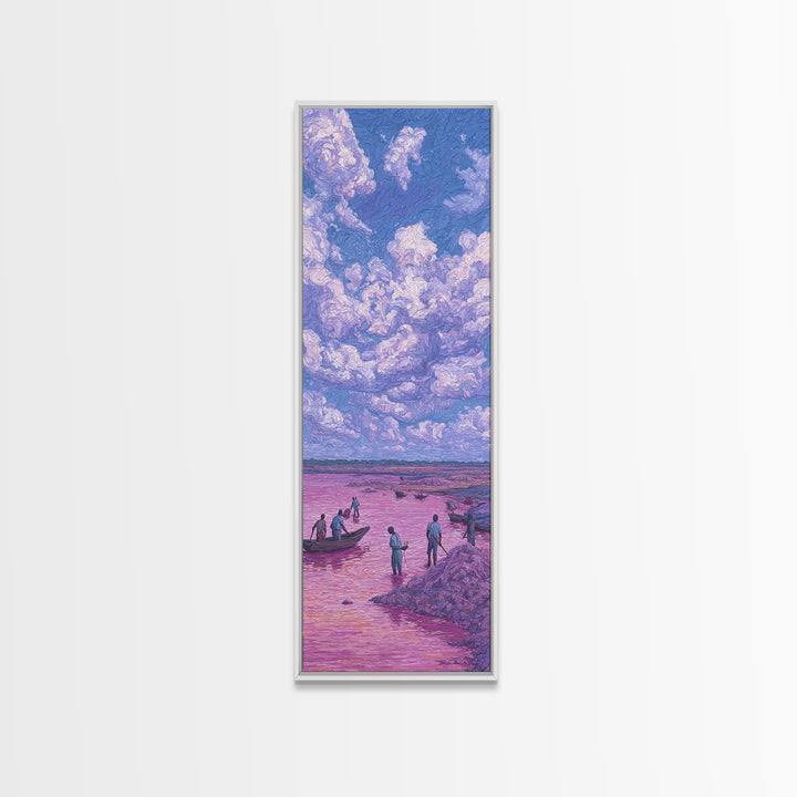 Purple Storm Clouds Over Pink African Lake Canvas Print, Fishermen Boat Landscape, Dreamy Nature Scene Art For Home Decor