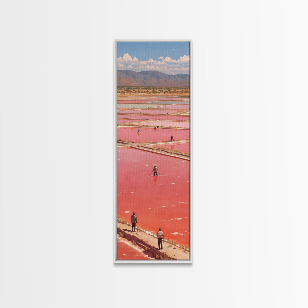 African Pink Salt Ponds With Mountains Wall Art, Lake Retba Workers Landscape Print, Vibrant Travel Decor For Living Room